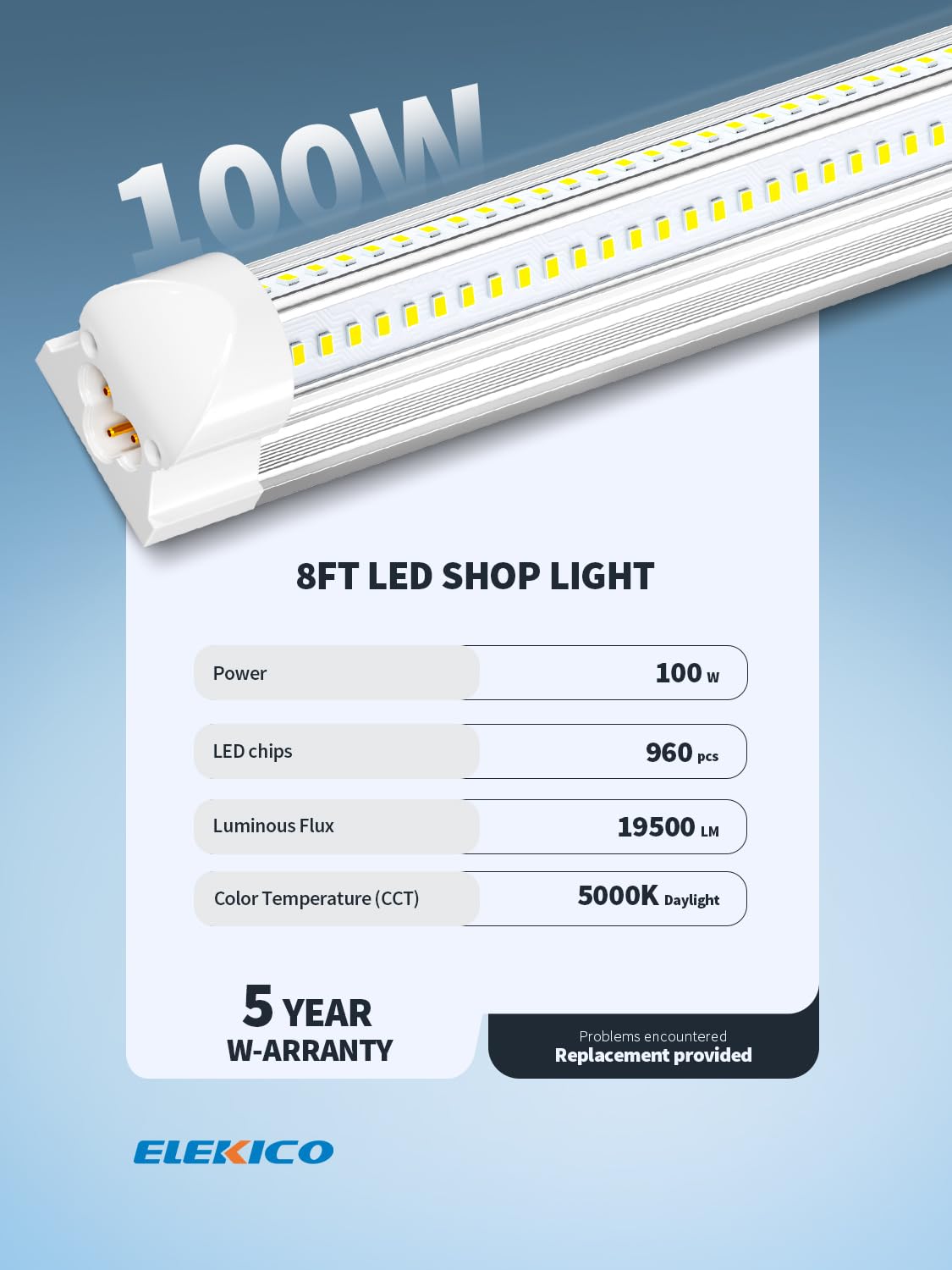 ELEKICO 8' Led Shop Lights,Super Bright 19500LM 100W 5000K 8FT Led Shop Light, Linkable 8FT Garage Ceiling Lights for Garage Ceiling Workshop Warehouse