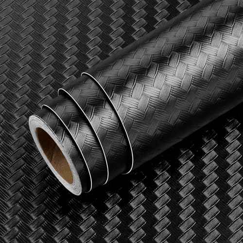 Livelynine Textured Rattan Wallpaper Black Peel and Stick Wall Paper for Bathroom Kitchen Cabinet Covering Waterproof Black Contact Paper for Cabinets 15.8x78.8 Modern Matte Basket Weave Pattern