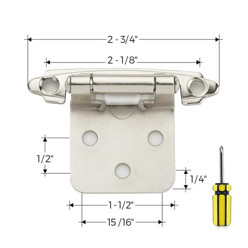 Ravinte 50 Pack 25 Pairs 1/2 Inch Overlay Cabinet Door Hinges Kitchen Satin Nickel Semi-Concealed Face Mount Self-Closing Cabinet Hinges with Bumpers & Screwdriver