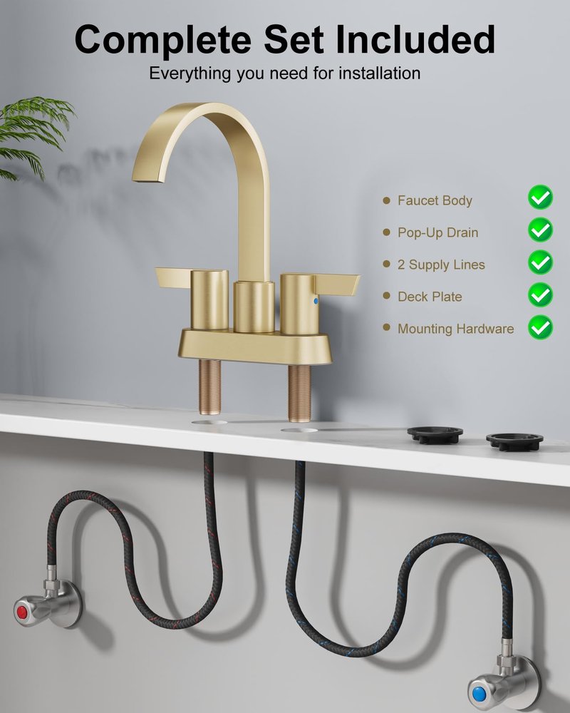 Aolemi Bathroom Sink Faucet, 4 Inch Centerset Waterfall Faucet for 2 or 3 Hole Vanity Sink, 2 Handle Vanity Faucet with Pop Up Drain and Supply Lines, Brushed Gold