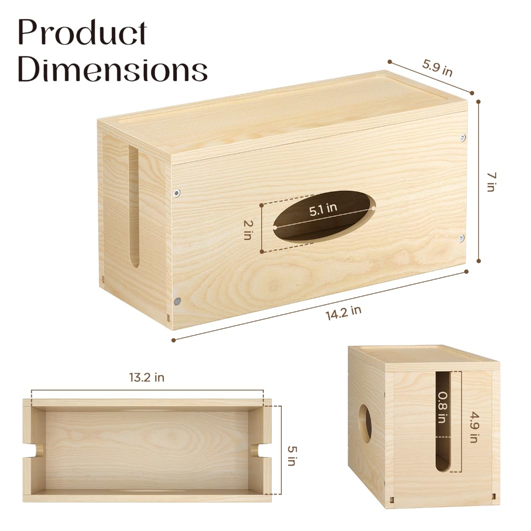 Pine Wooden Large Cable Management Box, Cord Organizer Cover Cord Hider Floor Outlet Hiders for TV Wires, Computer, Router, USB Hub Under Desk Power Strip Electrical Cord Management (1)
