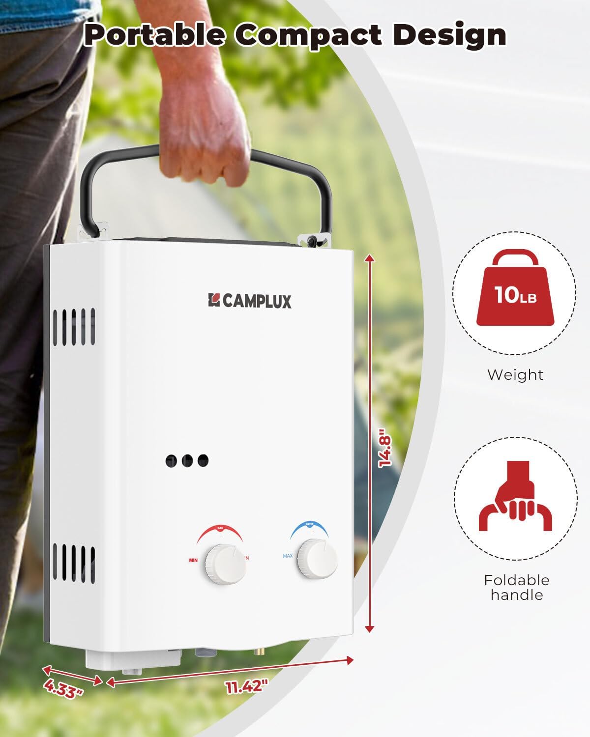 CAMPLUX Tankless Water Heater Outdoor, 1.32 GPM Portable Propane Camping Water Heater, 5L, AY132, White