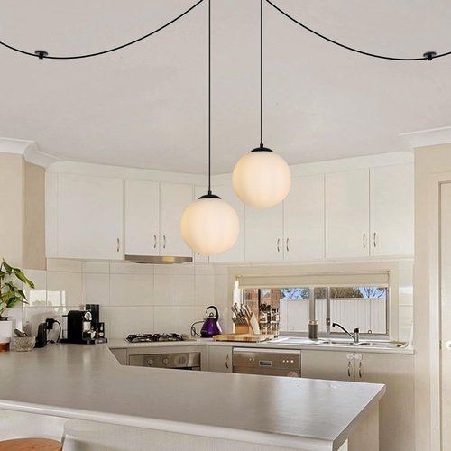 MASIVEL Glass Globe Pendant Light Plug in Modern Mid Century Ceiling Hanging Light Black 10" Globe Chandelier Hanging Cord with Dimmable Switch for Bedroom Kitchen Dining Room 1 Light