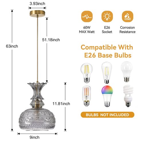 JTYQEISW Dimmable Kitchen Island Pendant - 1 Light Smoked Glass E26 Head (Bulb Not Included) 9x11.8 Inch Modern Farmhouse Pendant Height Adjustable Bar and Restaurant Fixtures