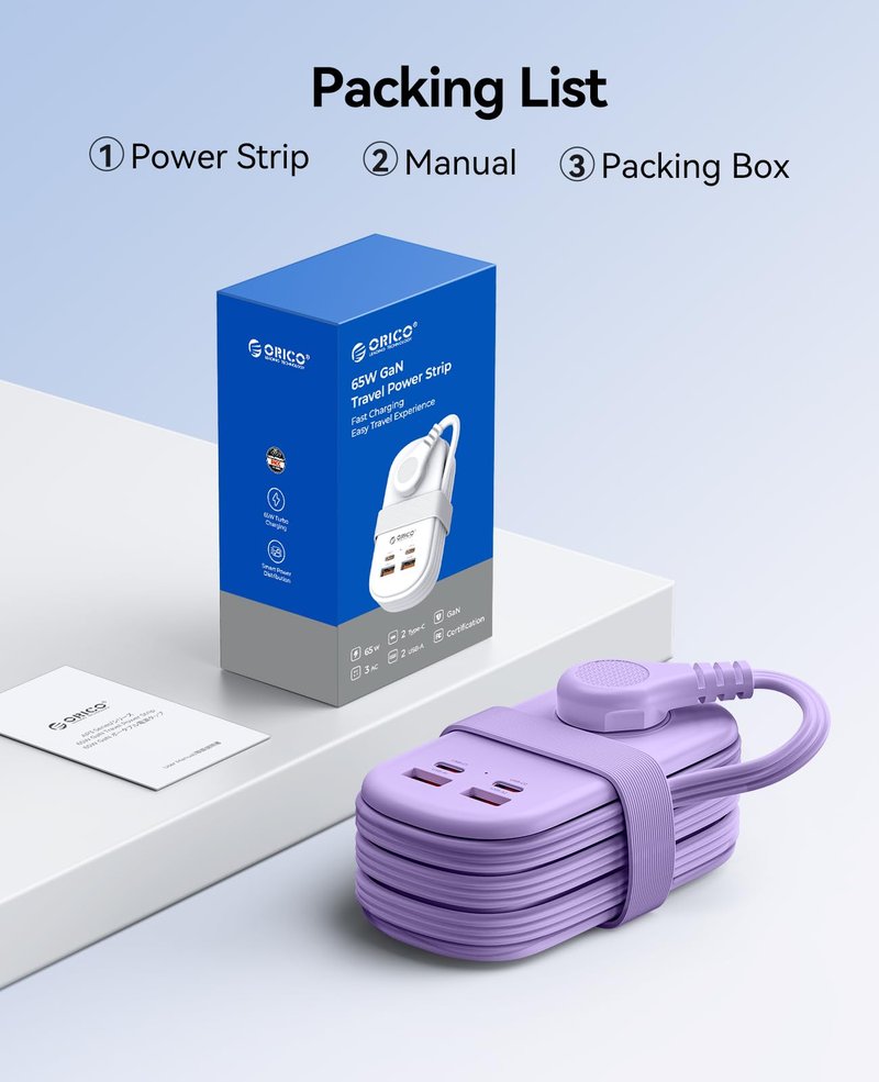 ORICO 65W GaN Travel Power Strip with 7-in-1 Charging Ports (3 AC Outlets/2 USB-A/2 USB-C), Flat Plug and 4FT Extension Cord, Fast Charger for MacBook Pro/Air, iPad Pro, iPhone 17/16/15- AP3