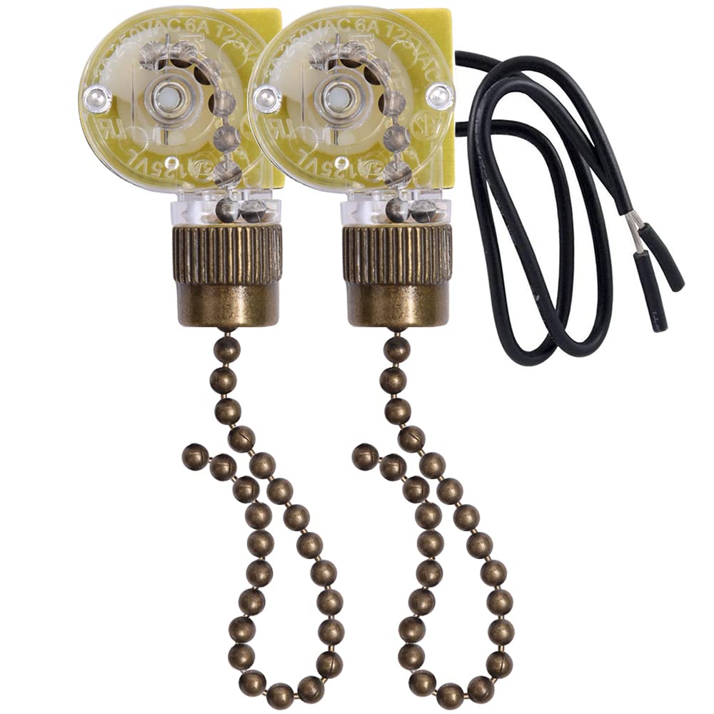 Akahttbn Ceiling Fan Light Switch Zing Ear ZE-109 Two-Wire With Pull Cords for Fans, Lamps and Wall Lights - Pull Chain Control Replacement On-Off, 2 Pcs Bronze
