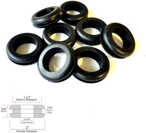 Pack of 8 Black Rubber Grommets 1-1/4" Inside Diameter - 3/16" Groove Width - Fits 1-1/2" Drill Holes