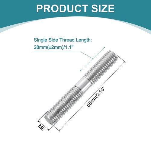 uxcell 5pcs Double Ended Stud Screws, M8x55mm 304 Stainless Steel Dual Threaded Rod Bolts with Nuts and Flat & Lock Washers Double End Threaded Stud Screw Bolt for House Maintenance