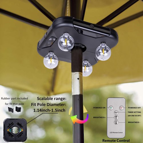 Battery Operated Patio LED Umbrella Light with G40 Bulbs, 3 Brightness Cordless Umbrella Pole Lights for Backyard, Camping Tents, BBQ or Indoor Use