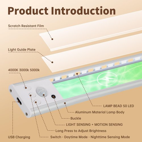 Under Cabinet Lighting 11.8in,Wireless LED Motion Sensor Light Indoor,50 LED Rechargeable Battery Operated,3 Color Temps,50-150LM Dimmable USB Closet Lights,2200mAh,Non-magnetic attraction (2 Pack)