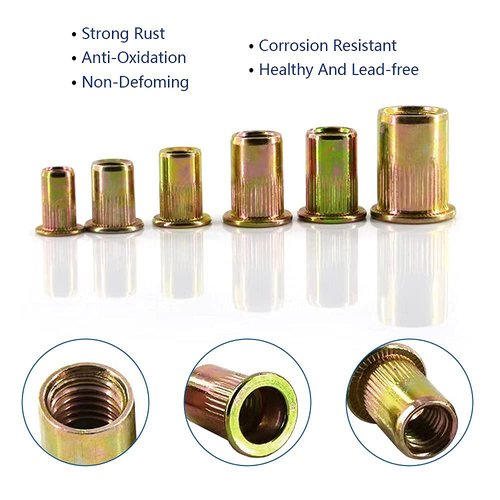 100PCS 1/4"-20 Rivet Nuts, Carbon Steel UNC Rivet Nut Set, Flat Head Threaded Rivets Nut Inserts for Metal(1/4"-20)