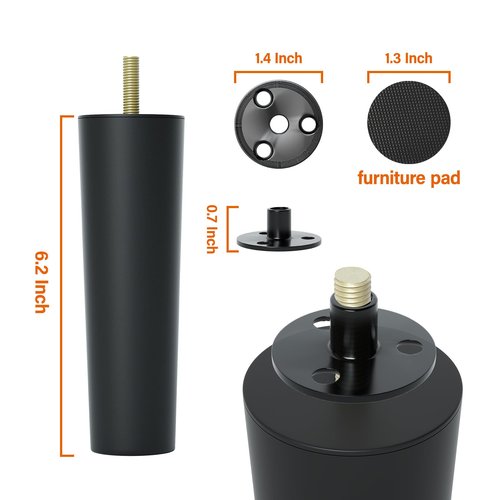 Aglaiprty 4 Pack 6 Inch Black Plastic Furniture Legs - Round Tapered Sofa/Couch/Chair Legs with M8 T-Nuts & Plate Nuts - Replacement Feet for DIY Projects, Coffee Tables, Dressers, Beds