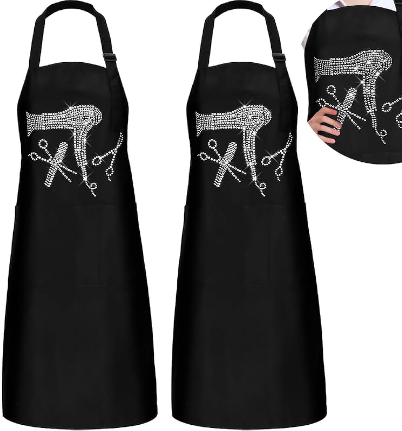 Coume 2 Pcs Hair Stylist Apron Hairstylist Salon Apron with Rhinestone Tools 3 Pockets Waterproof Hairdresser Barber
