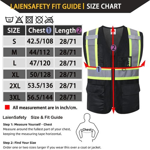 LaienSafety Safety Vest for Men Women,Mesh High Visibility Reflective Vest with Multiple Pockets and Zipper Front,Meets ANSI/ISEA Standards(EK1-178-Black-L)
