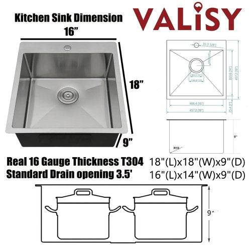 18x18 Inch Bar Sink Drop In Kitchen Sink, Topmount Stainless Steel Square Small Workstation Sinks, Single Bowl Kitchen Sinks for Laundry Wet Bar Prep RV Office Outdoor Yard