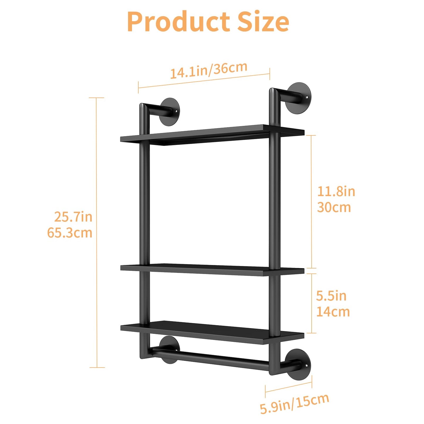Bathroom Shelves Wall Mounted, 3 Tier Towel Racks with Towel Bar, 26in Stainless Steel Floating Pipe Shelves Over Toilet, Wall Shelves for Bathroom Laundry Room Kitchen Storage