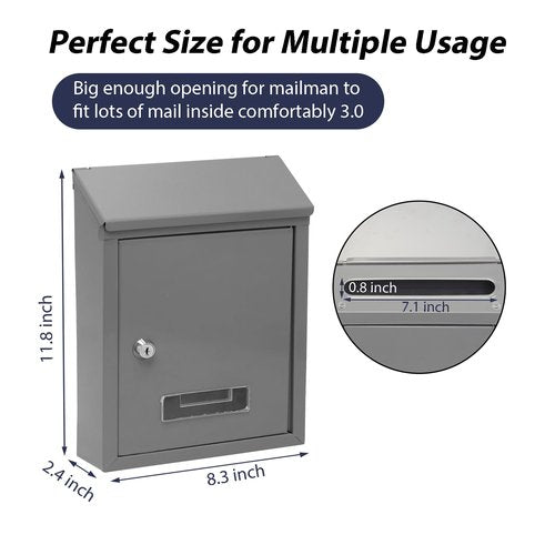 Wall Mount Mailbox with Key Lock, Large Capacity Metal Mailbox for Home or Office, Weatherproof Steel Postbox, Secure Drop Box for Packages and Mail, 11.8" x 8.5" x 2.8" (Gray)