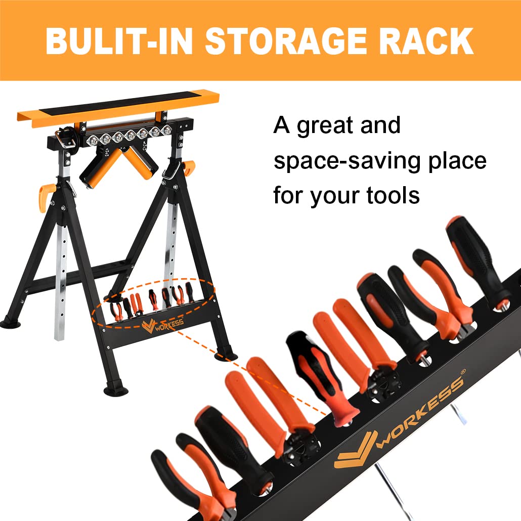 WORKESS 4 in 1 Roller Stand, Stable 440 Lbs Load Capacity with Saw Horses, V-Shaped, Multi-Directional Rollers & Outfeed Roller, Adjustable Height 33”- 50”, Folding for Woodworking