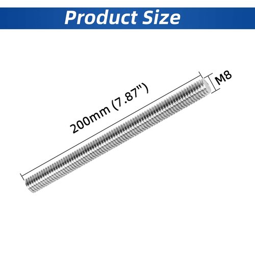 M8-1.25 x 200mm Fully Threaded Rod Studs, 18-8 Stainless Steel 304 Long Threaded Screws, Right Hand Threads, 2 PCS