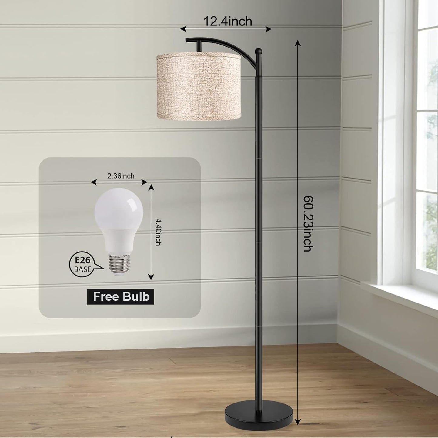 ROTTOGOON Floor Lamp for Living Room with 3 Color Temperatures LED Bulb, Standing Lamp Tall Industrial Floor Lamp Reading for Bedroom, Office (9W LED Bulb, Beige Lampshade Included) -Black