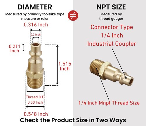 T TANYA HARDWARE Air Hose Fittings And Air Coupler Plug, Air Compressor Quick-Connect MNPT Male Plug Kit (Industrial Type D, 1/4-Inch NPT Male Thread, Solid Brass, 2 Piece)