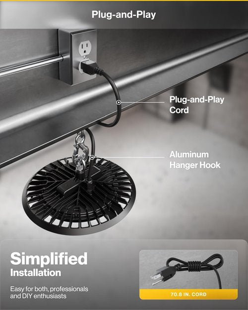 Sunco UFO LED High Bay Light, Shop Lights for Warehouse, Plug & Play, 19500 LM, 150W, 5000K Daylight, Power Cord Included, IP65 Waterproof Shatterproof Fixture UL 2 Pack