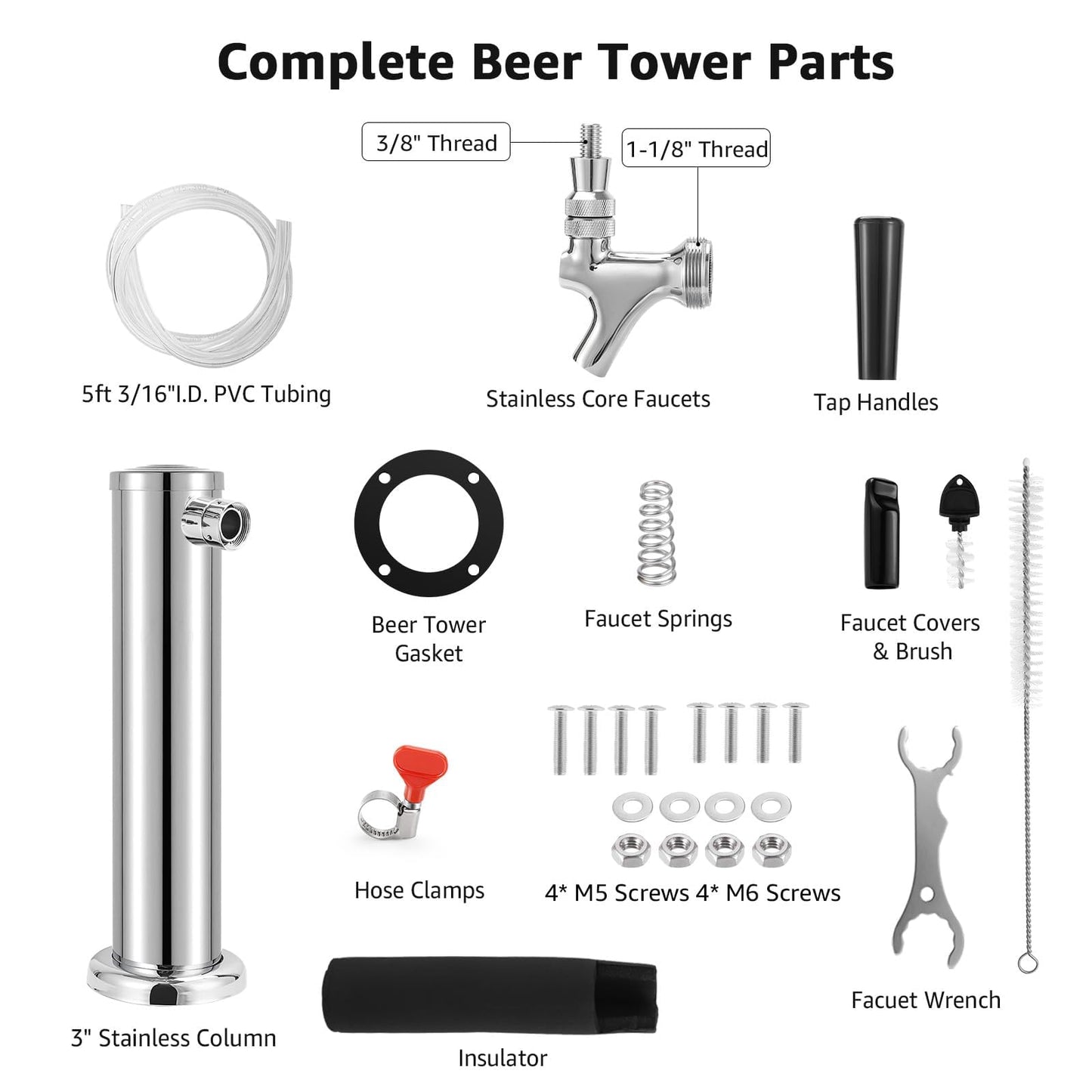 Hilangsan Single Beer Tap Tower Draft Beer Tower Kegerator Tower Stainless Steel Keg Tower Kegerator Parts Kegerator Kit Stainless Core Beer Faucet Pre-assembled Beer Line 3" Beer Tower Dispenser