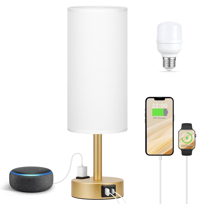 Fenmzee Gold Touch Lamp for Bedroom- 3 Way Dimmable Bedside Lamp USB C A Charging Ports and AC Outlet, Small Table Lamp White Linen Lampshade for Gift, LED Bulb Included