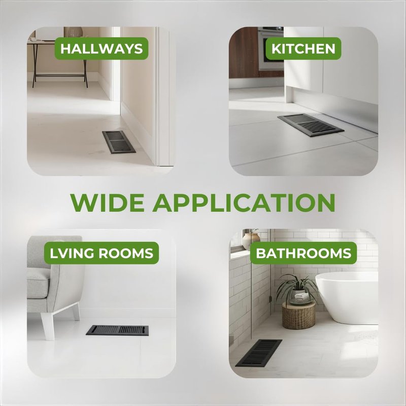 GREEN VENT Floor Register 4x10, 2-Way Steel Vent Cover with Steel Damper, Walkable, Matte Black, Includes Vent Cover Trap