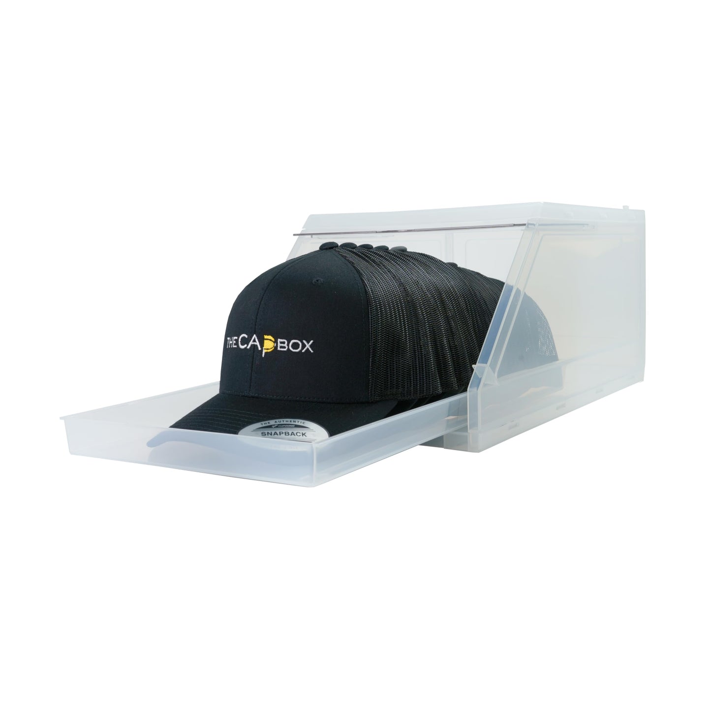 The CapBox 2.0 (2 Pack Clear) Hat Organizer for Baseball Caps, Stackable Sliding Tray Hat Rack & Hat Holder Hat Hanger Cap Storage Container 2 Yr. Warranty Anti Tilting & Tray Stopper (Clear)