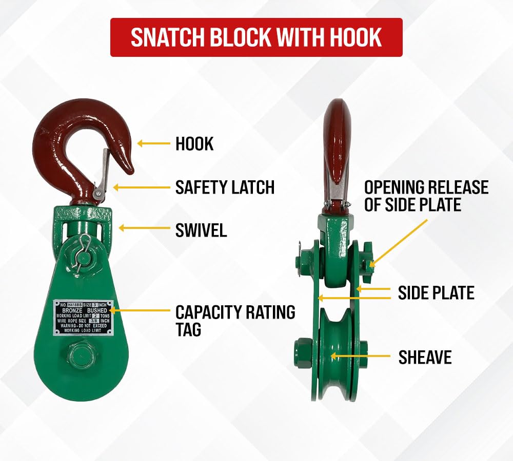 Mytee Products Snatch Block with Hook WLL 2 Ton 3" Sheave 3/8" Inch Wire Rope Wrecker Roll Back Recovery