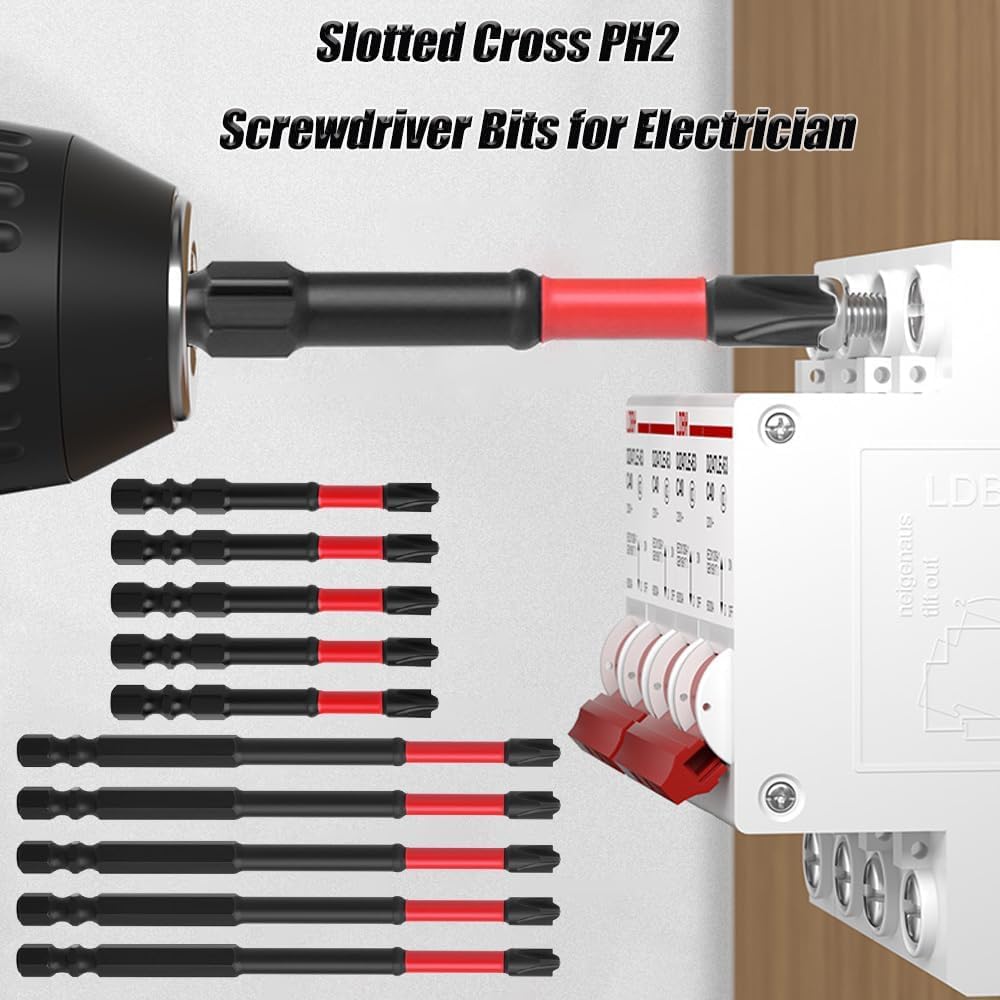 FPH2 Impact Screwdriver Bit Set - S2 Steel 65mm & 110mm Slotted Heads 1/4 Inch Hex Shank, CNC Machined Tips with Magnetism, Cross Slot Screw Driver Drill Bits Used Electricians (10pcs)