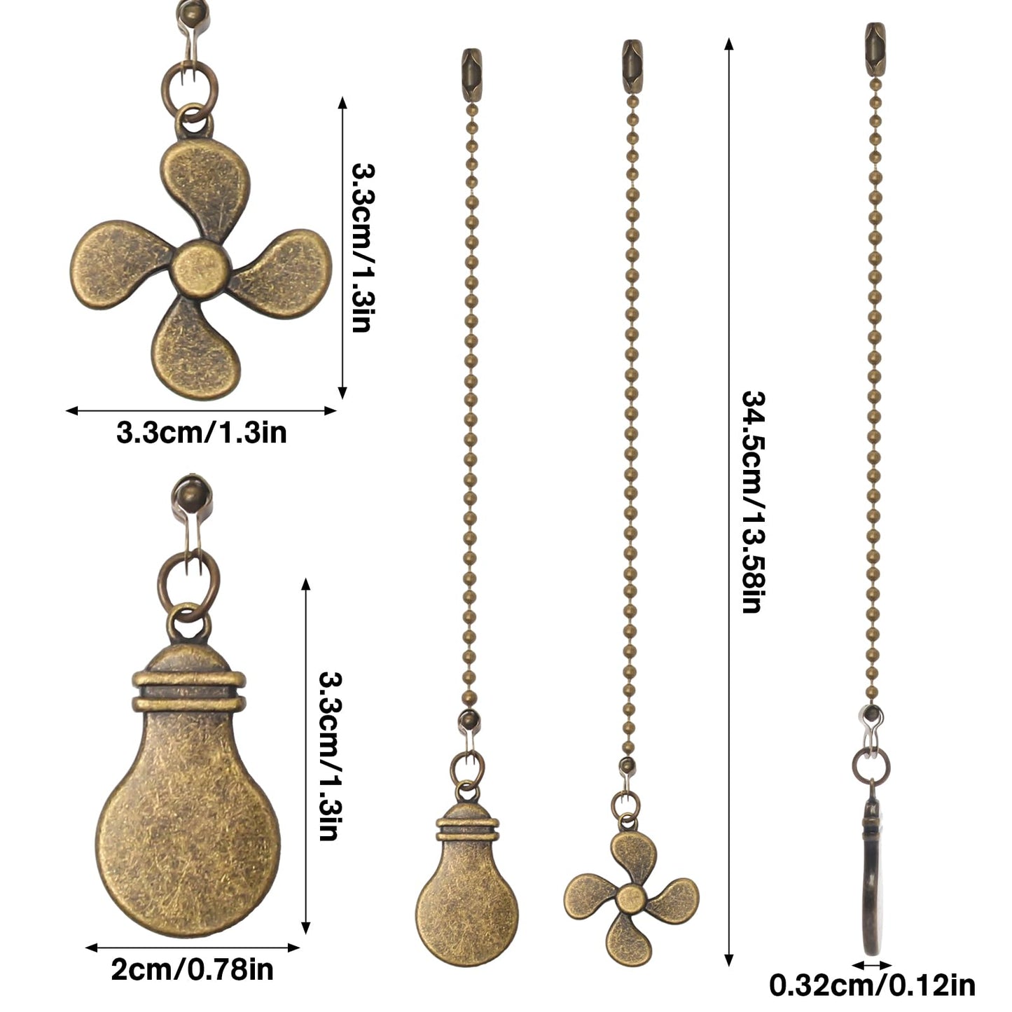 2 Pack Ceiling Fan Pull Chain Extender, 12 Inch Ceiling Fan Chain Pulls, Fan Pull Chain Extension with Fan and Bulb Ornaments, Pull Chains for Ceiling Fans and Lights, Bronze