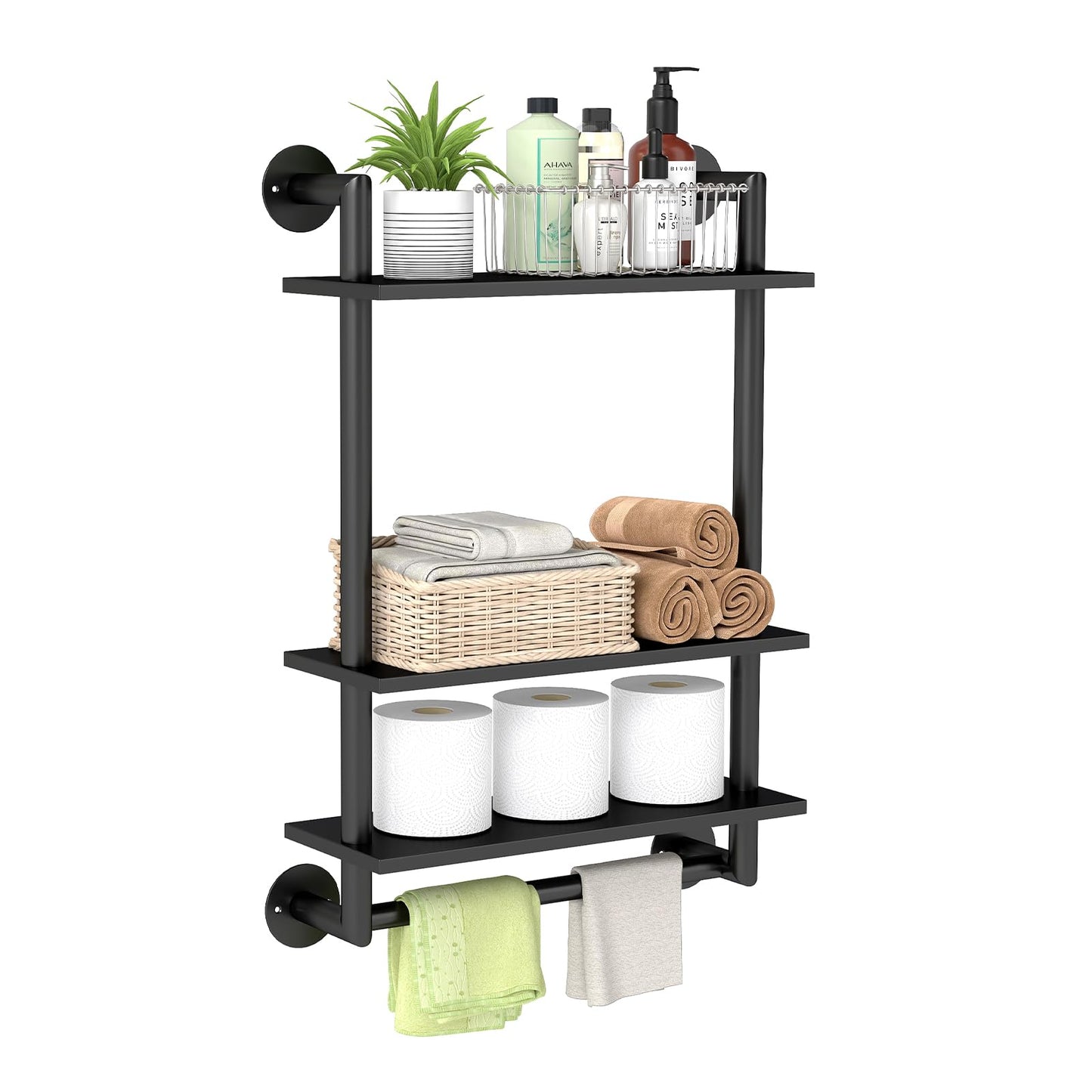 Bathroom Shelves Wall Mounted, 3 Tier Towel Racks with Towel Bar, 26in Stainless Steel Floating Pipe Shelves Over Toilet, Wall Shelves for Bathroom Laundry Room Kitchen Storage