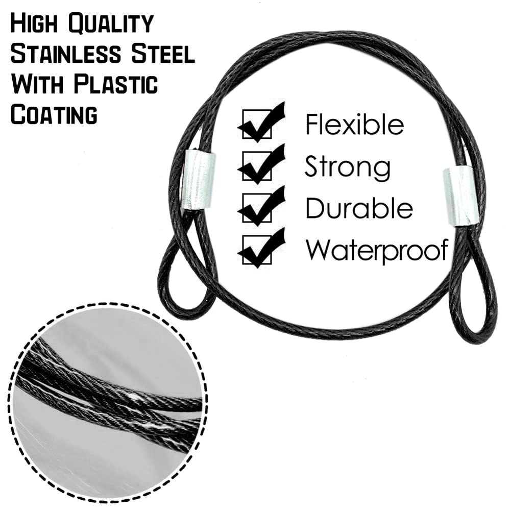 CKANDAY 20 Pack 6 Inch(15cm) Safety Stainless Steel Tethers with 4 Pcs Spring Snap Hook Clips, Steel Wire Cable with Loops Vinyl Cover Coated Short Rope Lanyard Lock Safety Tether Chains, Black