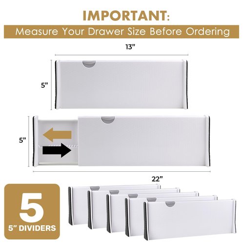 RAPTUROUS Adjustable Deep Drawer Divider – 5" Tall, Expandable 13-22", 5-Pack, Non-Slip Drawer Dividers for Clothes, Dresser, Kitchen & Office Organization (White)