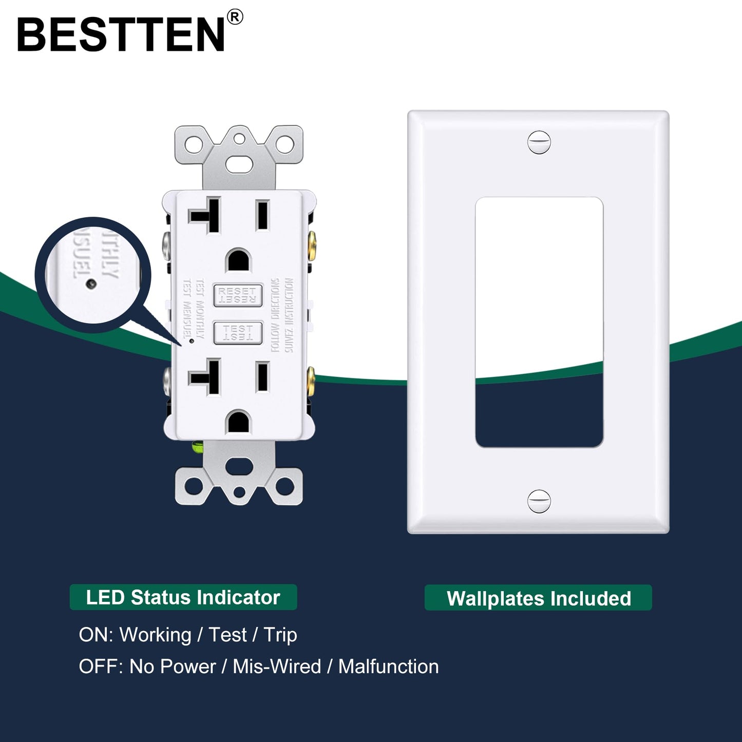 BESTTEN 20 Amp GFCI Outlet with Thinner Design, GFI Electrical Outlet with LED Indicator, Non-Tamper-Resistant GFCI Receptacle, Wallplate Included, ETL Certified, 10 Pack, White