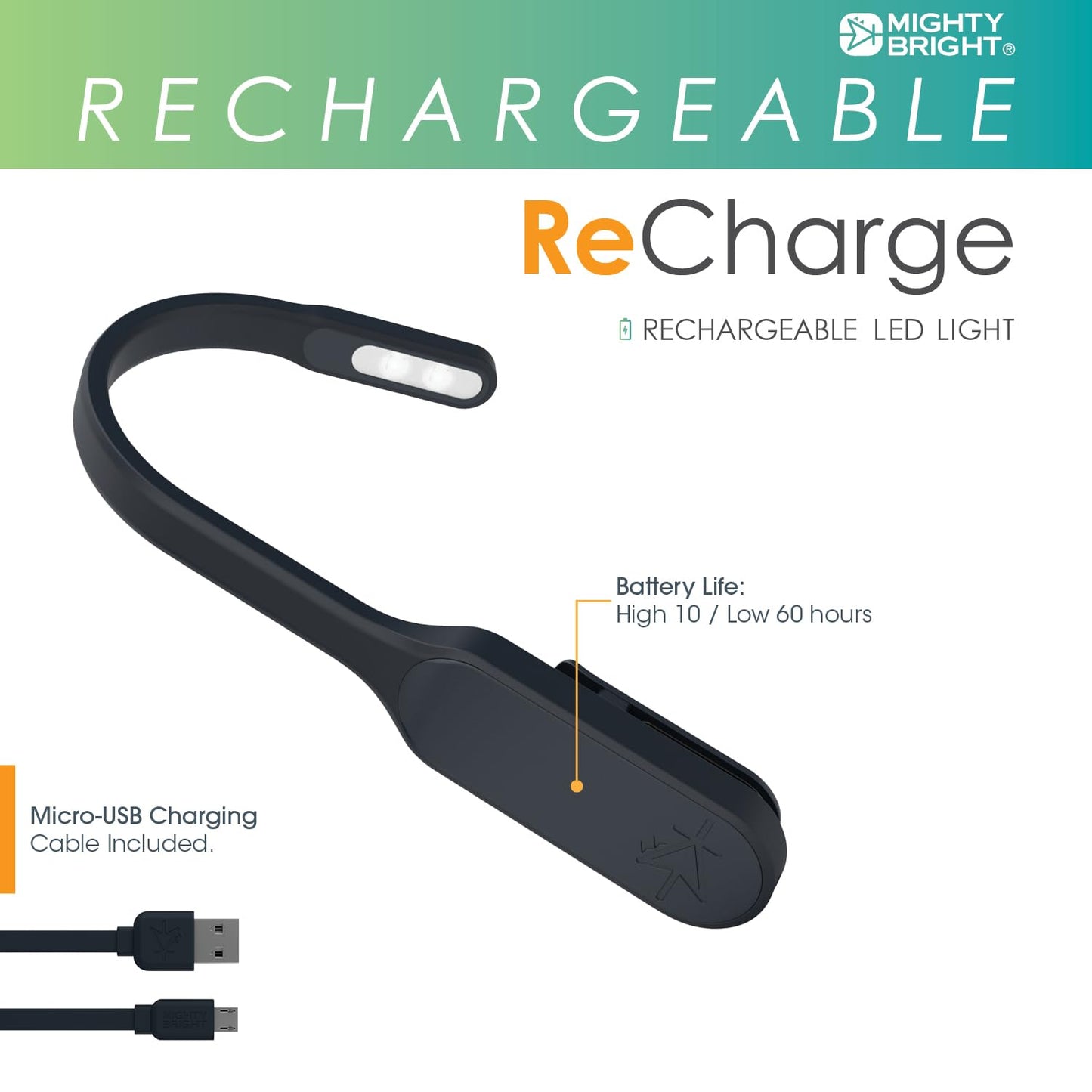 The Original Mighty Bright Recharge Clip On Rechargeable Book Light Reading Light, Warm Eye Care LEDs, Flexible, Durable, Dimmable, Perfect for Kids, Bookworms, Reading in Bed, Lasts 60 Hours (Black)