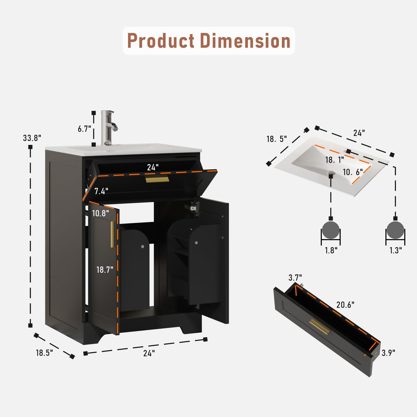 Ayiseedmid 24 Inch Bathroom Vanity with Ceramic Sink, Wooden Cabinet with Undermount Sink, Bathroom Storage Vanity with Sink-Combo Set, 2 Doors, Faucet, 1 Drawer (Black, 24")