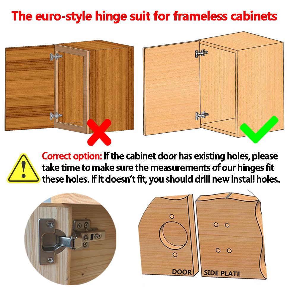 Luokim 2pcs Inset Cabinet Hinge Frameless Concealed Door Hinges European Soft Closing Four-Hole Mounting Plate Hinges Nickel Plated Finish