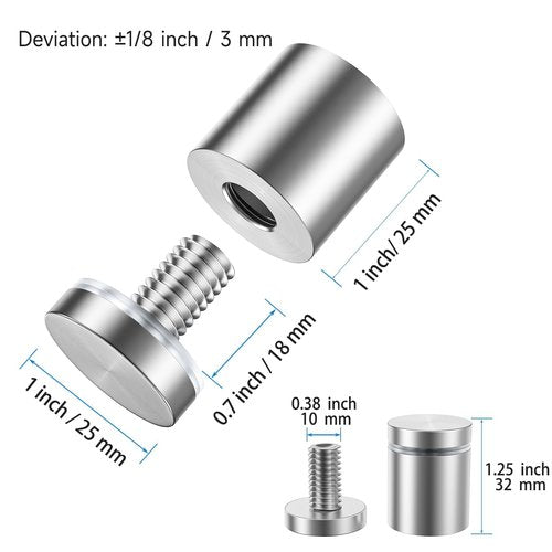LuckIn 8 Pack Standoff Screws for Acrylic (1 in. Dia x 1 in. L), Stainless Steel Stand Off Wall Mounts Hardware for Sign Holder, Silver