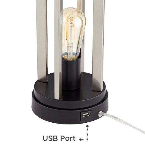 360 Lighting Marcel Modern Table Lamps 24 1/4" Tall Set of 2 with LED Nightlight USB Port Brushed Nickel Metal White Drum Shade for Bedroom Living Room House Desk Bedside Nightstand Office