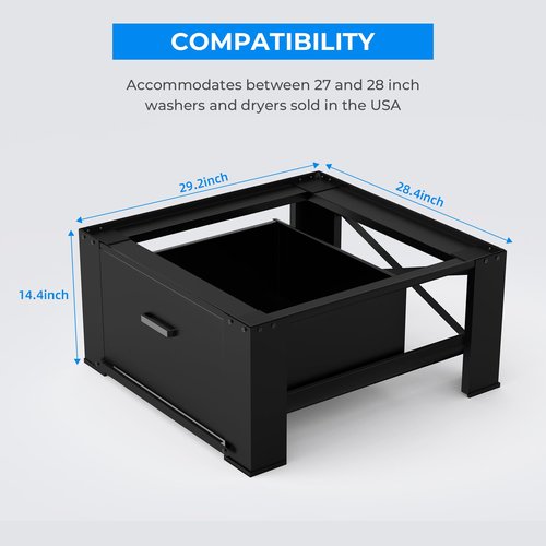 2 Pack Washer Dryer Pedestals with Drawer - 28" Laundry Pedestal for Washer and Dryer Stand, Steel Washing Machine Stand Raiser, 14.3 Inches Height Elevation Black