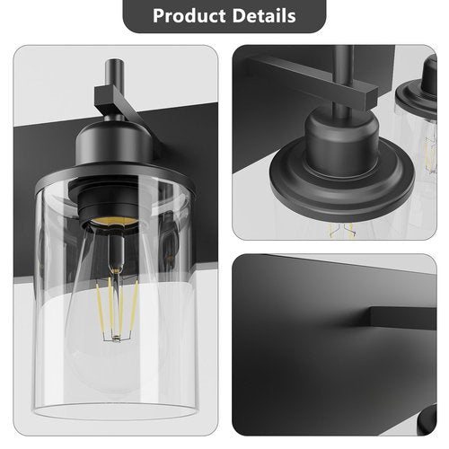 Lanhall 3-Light Black Bathroom Light Fixture Over Mirror Modern Farmhouse Bathroom Vanity Light Vintage Wall Lighting with Clear Glass Shade for Bathroom, Bedroom, Hallway, Cabinet