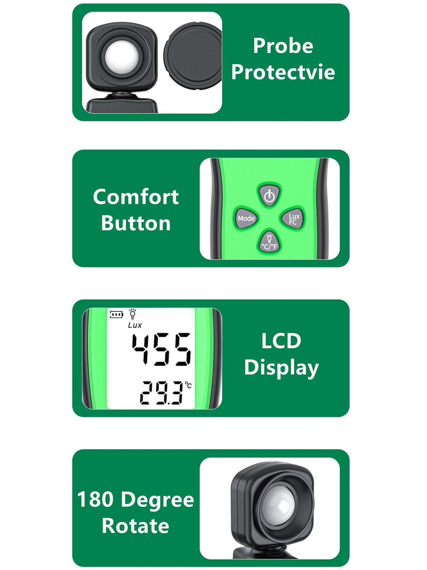 Yankok AS803F Smart Digital Light Meter 1-200000 Lux Measurement Lumen Checker Tools with High Accuracy 180D Rotatable Sensor and LCD Display Green (Come with User Manual but Battery NOT Included)