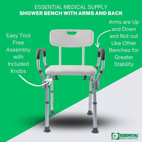 Essential Medical Supply Height Adjustable Shower and Bath Bench with Back, Padded Arms and Textured Seat - Perfect Shower Chair for Inside Shower or Tub for Seniors and Adults - Supports 300lbs.