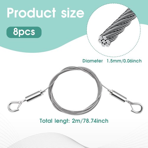 simarro 8 Pcs Adjustable Picture Hanging Wire Kit, 6.6FT Heavy Duty Stainless Steel Rope for Hanging Mirrors Picture Billboards Artwork Basket Signs Supports Up to 100lbs