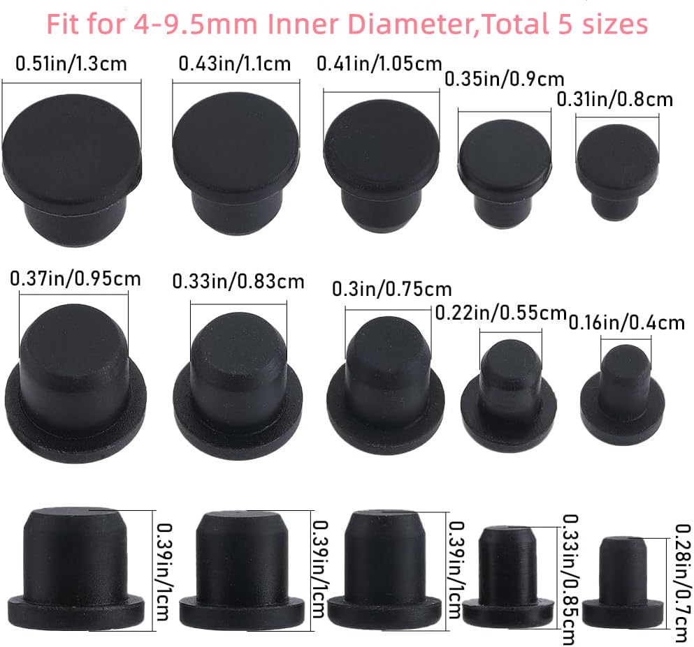 GORGECRAFT 50PCS 5 Sizes Silicone Hole Plug Black Round Rubber Waterproof Button Hole End Covers Soft Flexible Stopper Fit for 4-9.5mm Inner Diameter Hole Bottles Pipes Flower Pots