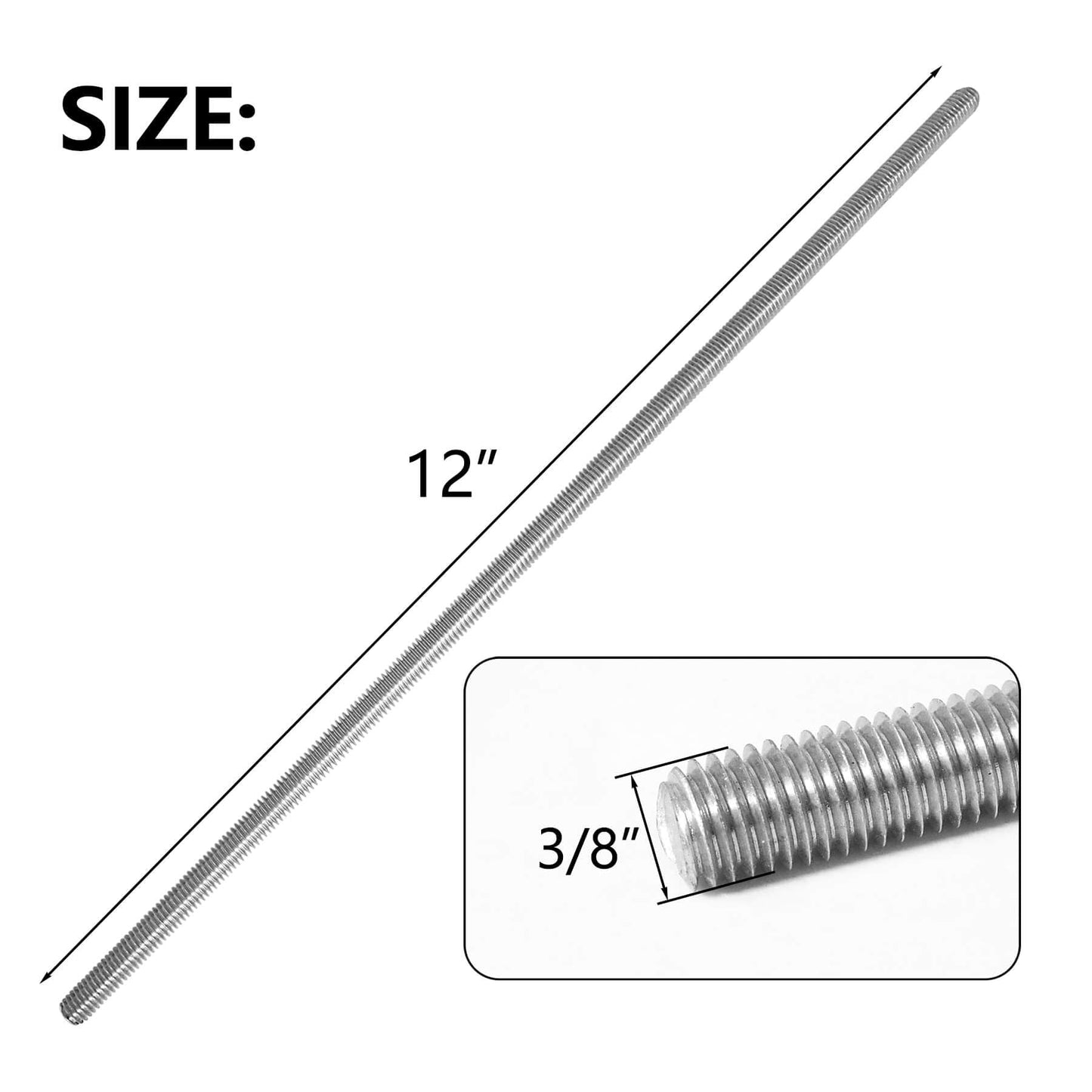Qlvily 2 Packs 304 Stainless Steel 3/8"-16 Thread Fully Threaded Rods, 12" Length, Right Hand Threads