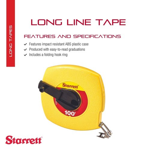 Starrett Retractable Imperial Long Line Tape with ABS Plastic Case and Folding Hook Ring - 100' Length, 3/8" Width, 1/8" Graduation, L1 Graduation Style Number - KTS510-100-N